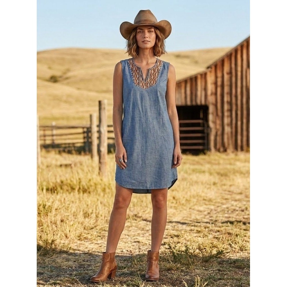 Ariat Katy Embroidered Chambray Shift Dress Womens XL Blue V Neck Tassel Cowgirl - Picture 1 of 10